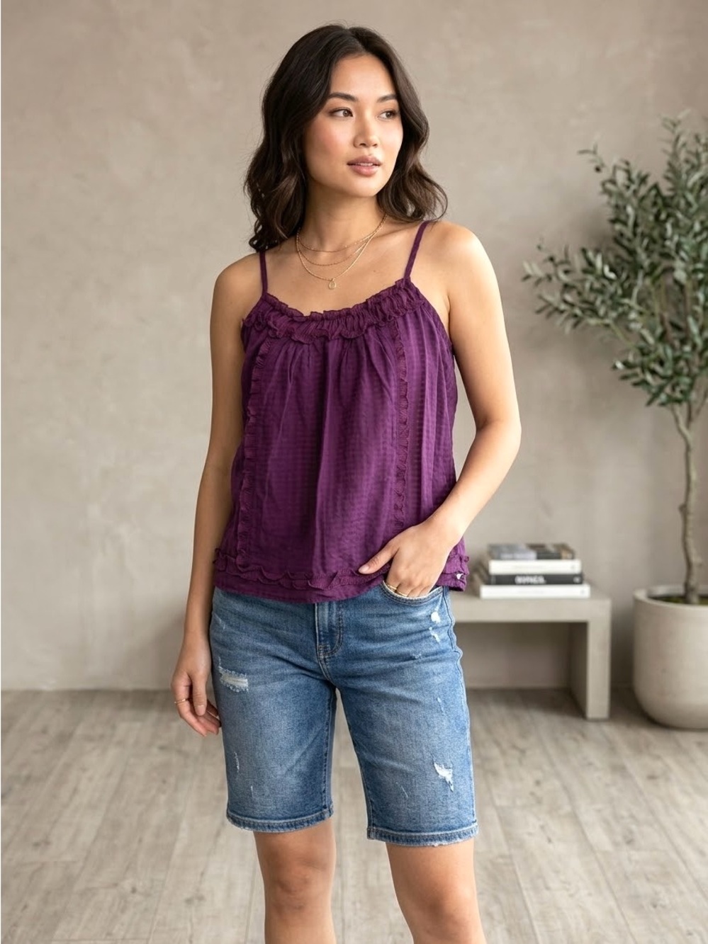 American Eagle Outfitters Plum Ruffle-Trim Spaghetti Strap Camisole